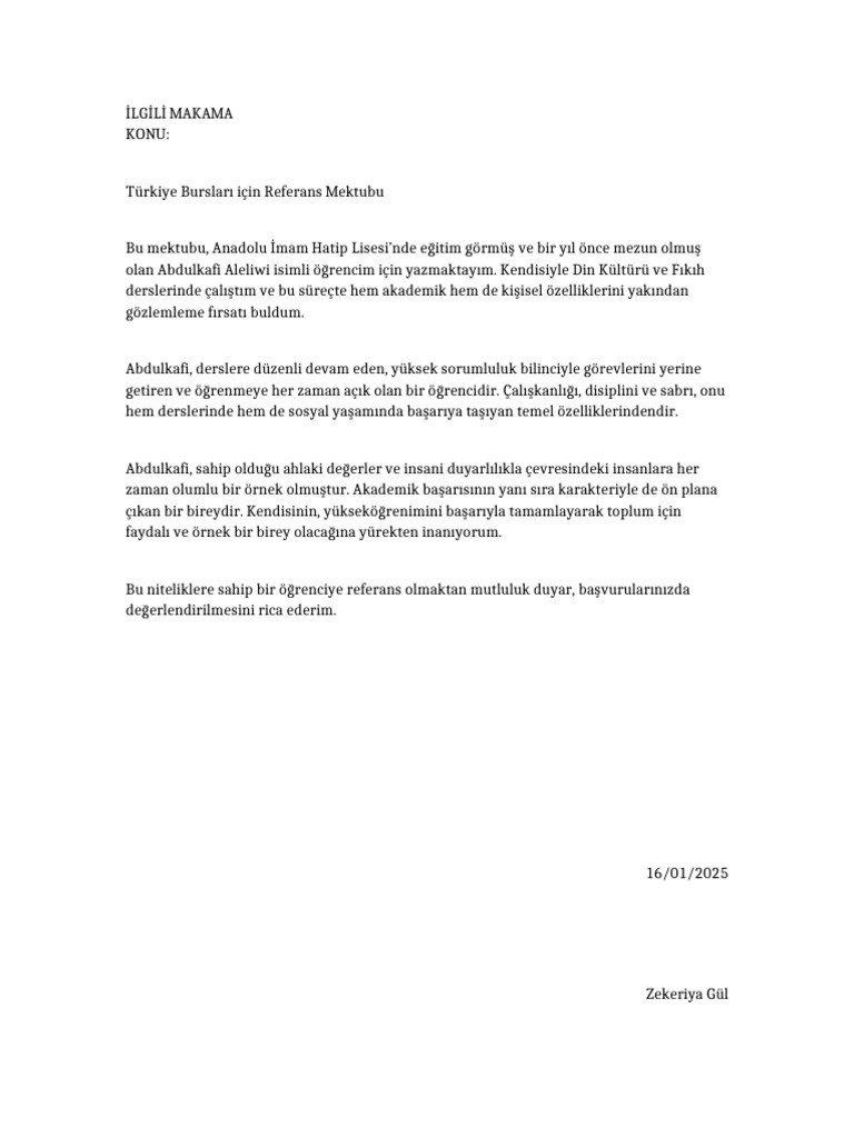 Turkiye Burslari Referans Mektubu A4 Final | PDF