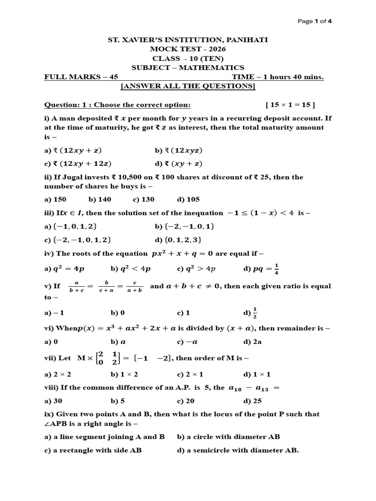 Class 10 Maths Mock Test Question and Solution 2026 | PDF | Circle ...