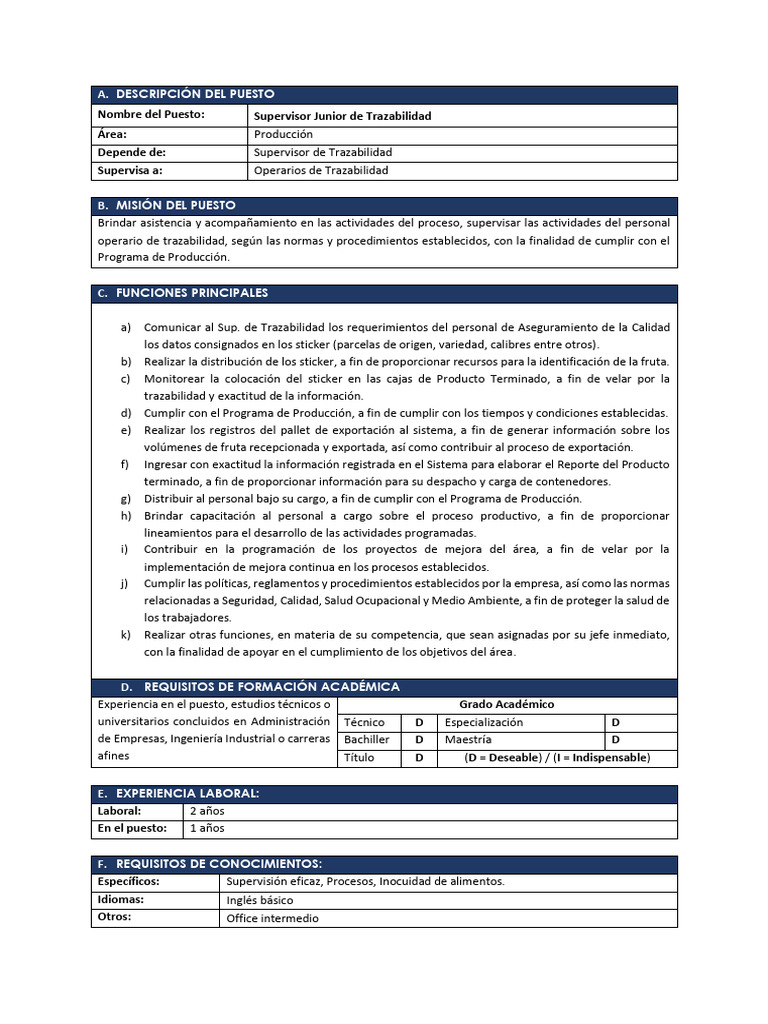 PERFIL de PUESTO - Sup. Junior de Trazabilidad | PDF | Seguridad y ...