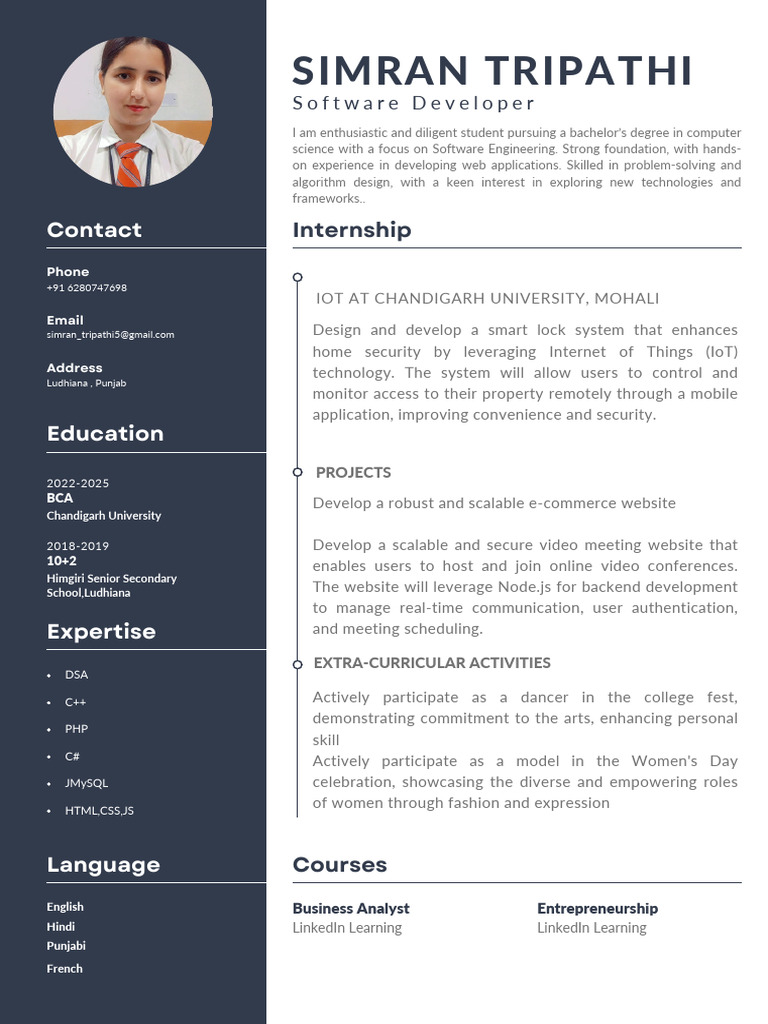 Resume - Simran Tripathi | PDF | Internet Of Things | Computer Science