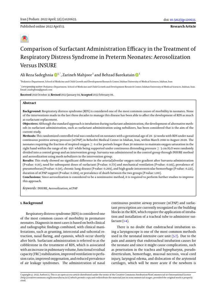 RDS in Preterm Neonates - Aerosolization vs. INSURE | PDF | Medical ...