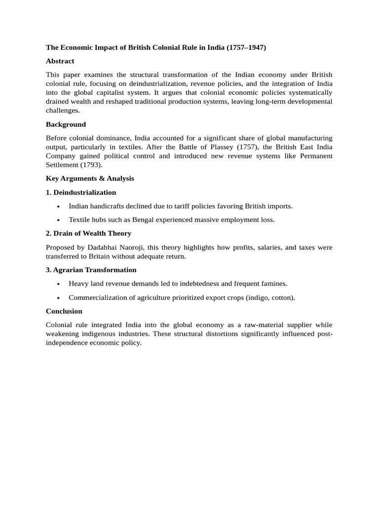 The Economic Impact of British Colonial Rule in India (1757-1947) | PDF
