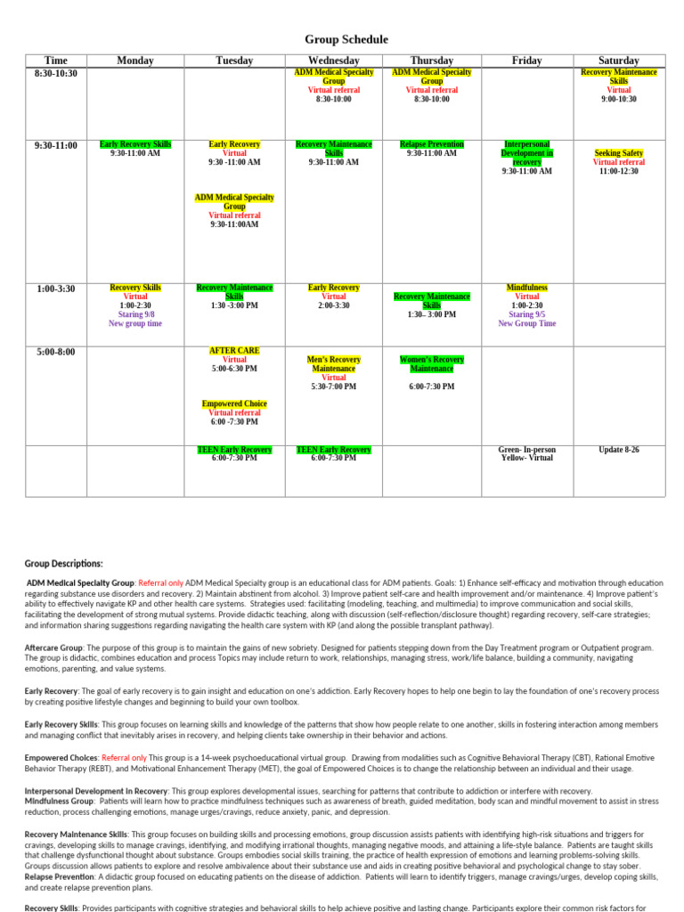 Group Schedule For Patient New Groups Time On Monday and Friday | PDF ...