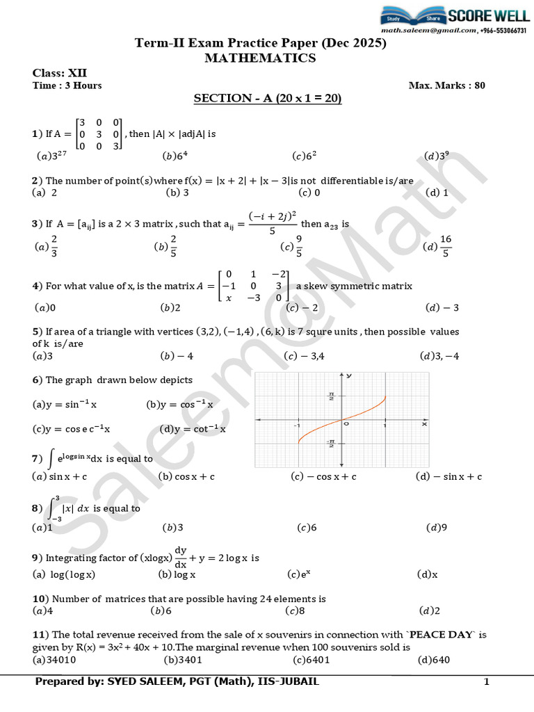 (2025-26) Dec - XII-Math Term-2 Practice Test Saleem Sir | PDF ...