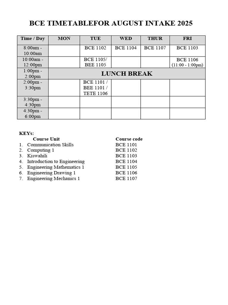 Bce Timetablefor August Intake 2025 | PDF