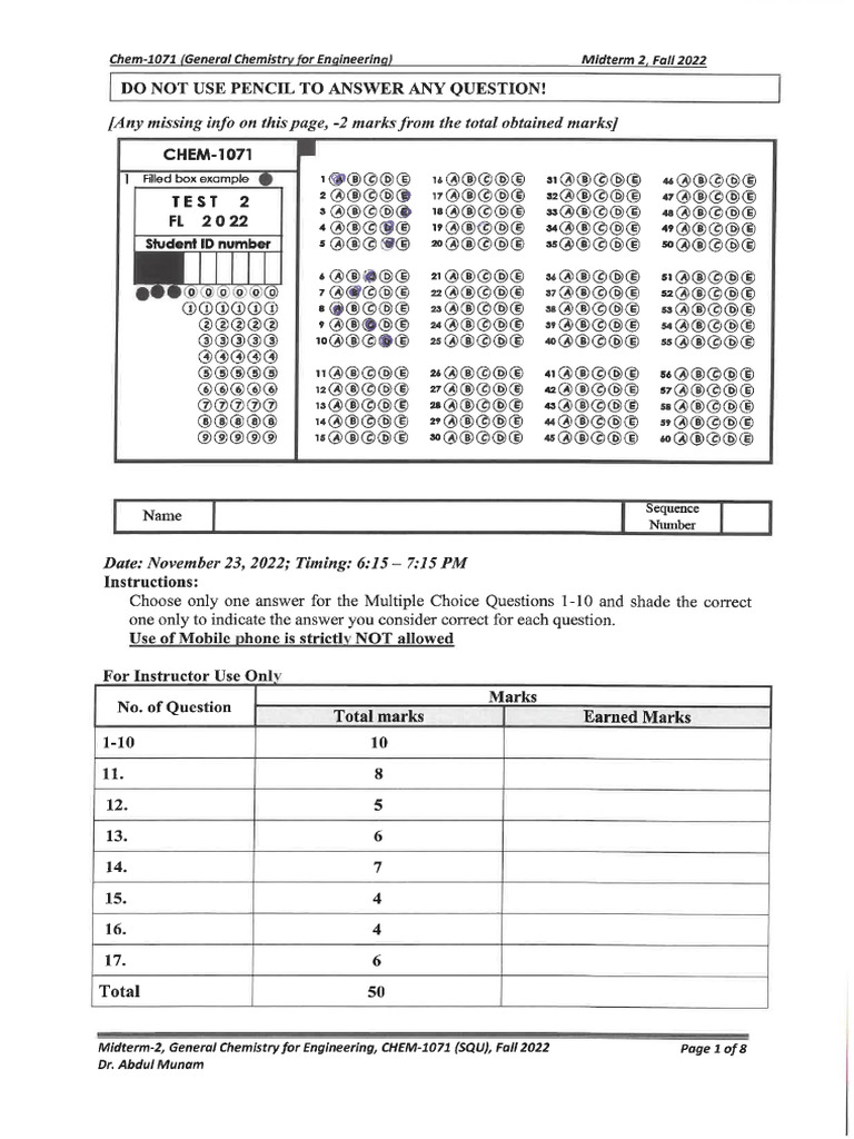 Pract. Test2 Chap 4 6 CHEM1071 2 | PDF