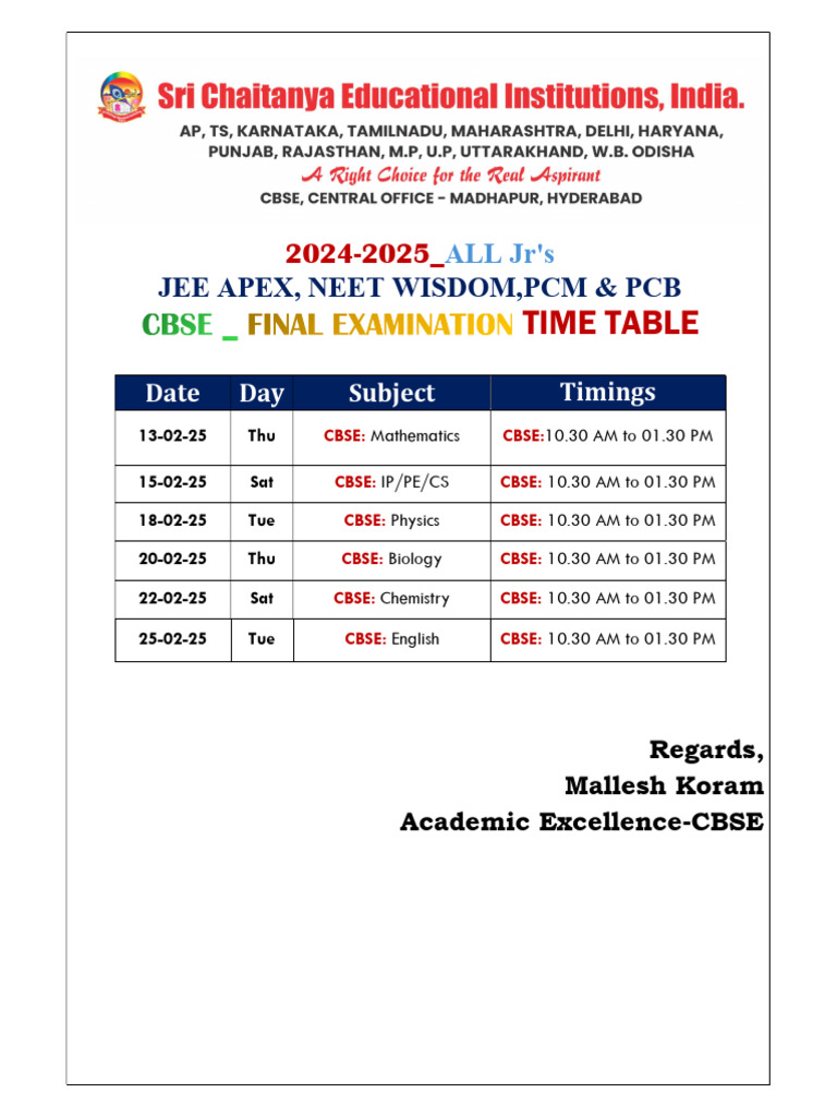 2024 2025 ALL Jr's CBSE Final Examination Time Table | PDF