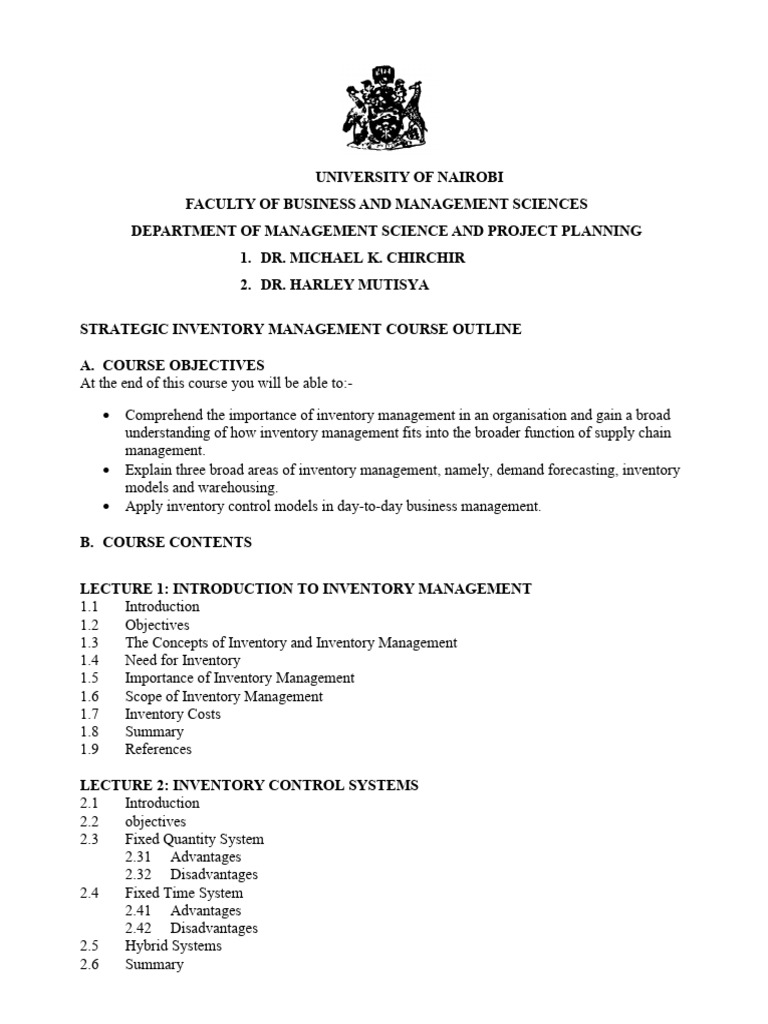 Strategic Inventory Management Course Outline 2025 | PDF | Forecasting ...