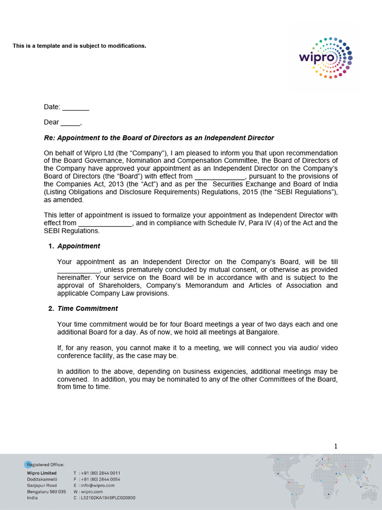Template of Letter of Appointment To Independent Directors | PDF