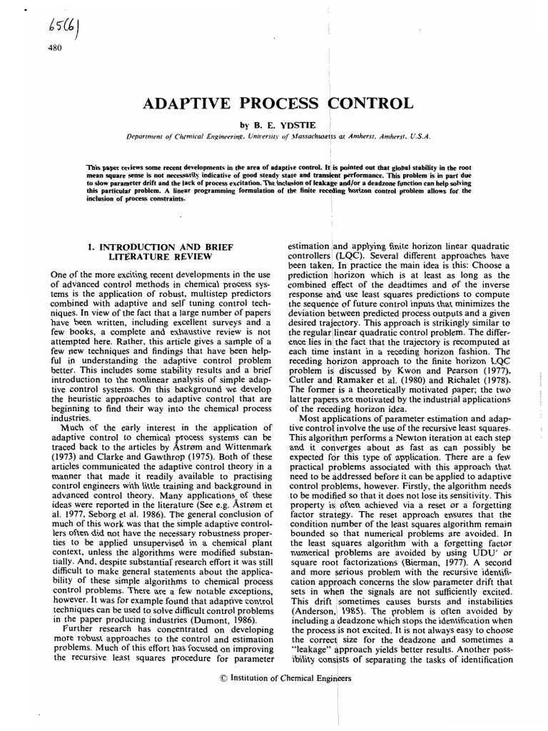 Ydstie, B.E.: Adaptive Process Control (1987) | PDF