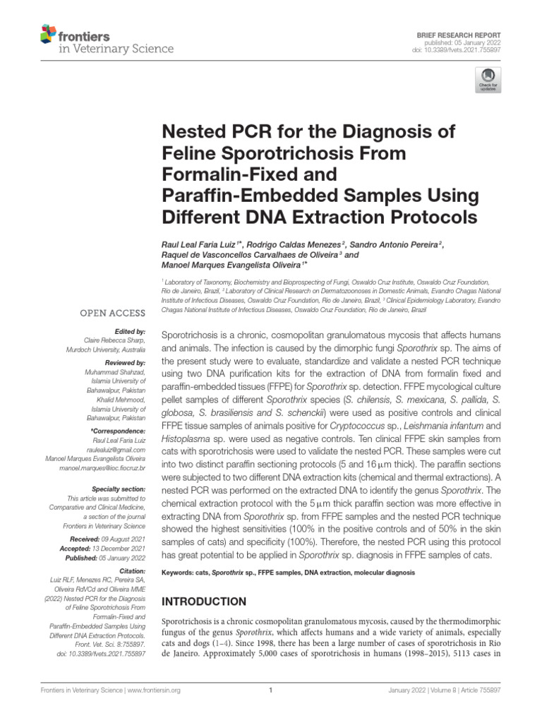 Nested PCR For The Diagnosis of Feline Sporotrichosis From Formalin ...
