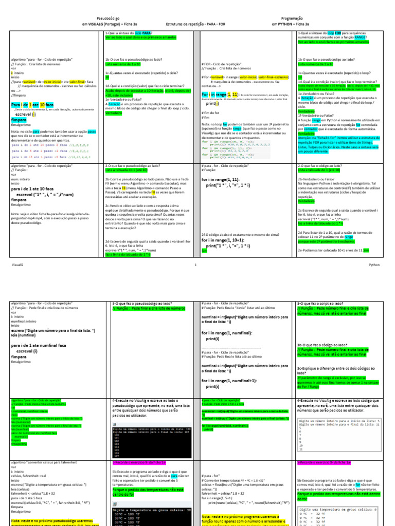 Ficha3a Visualg e Python Dupla Ficha For para 1a9 SOLUCOES | PDF ...
