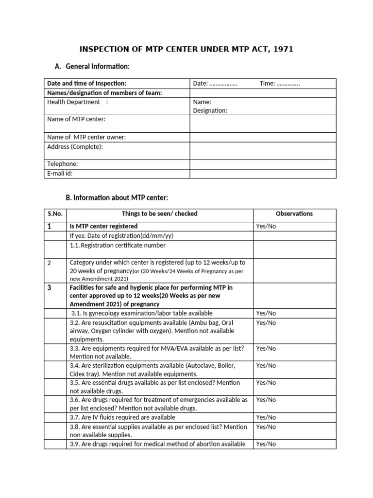 111 Revised Checklist of MTP Center | PDF | Abortion | Medical Specialties