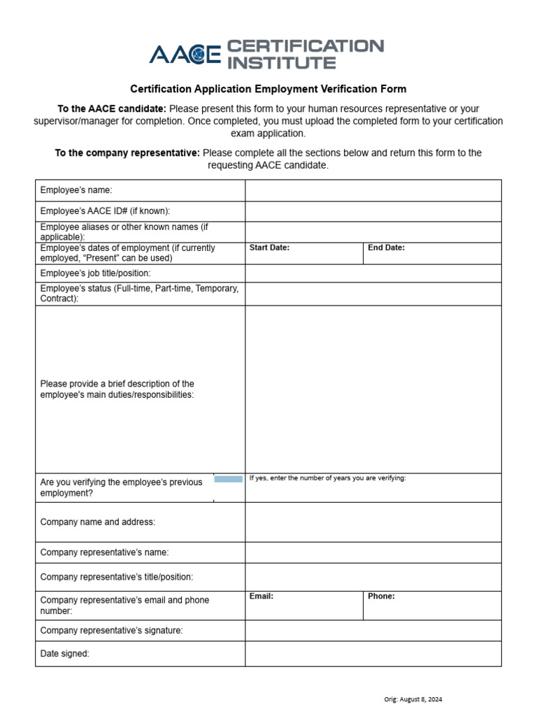 Certification Application Employment Verification Form | PDF