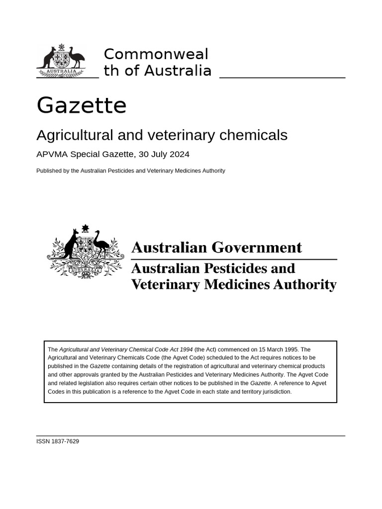 APVMA Special Gazette, 30 July 2024 | PDF | Biocides | Toxicology