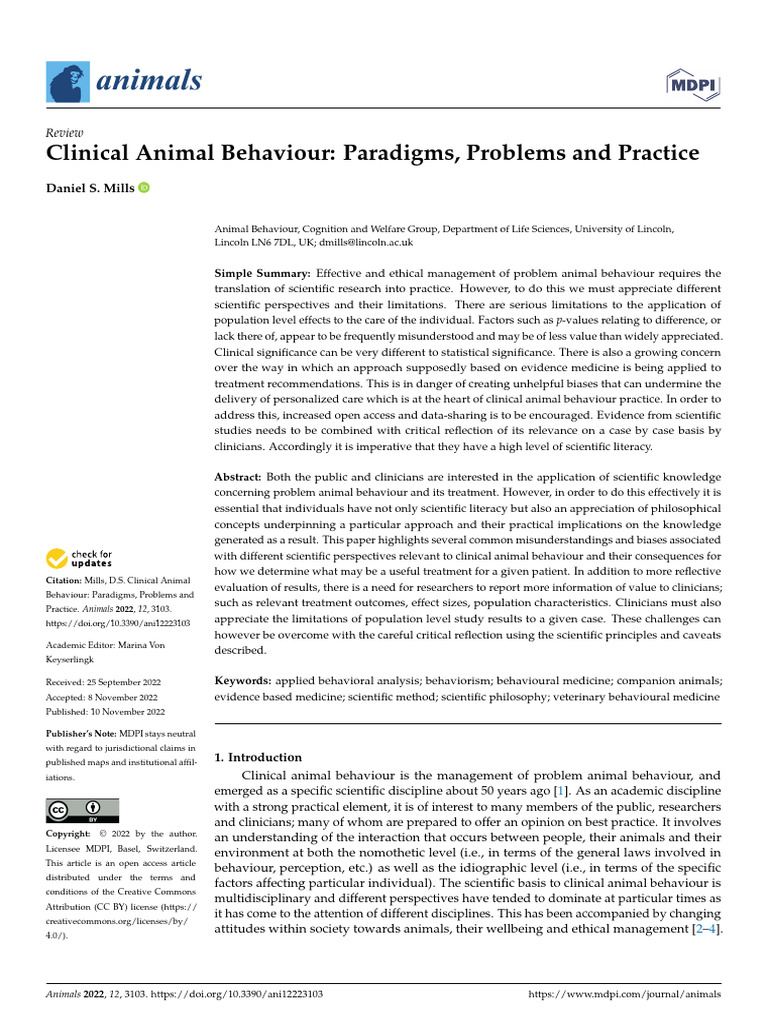 Mills 2022. Clinical Animal Behaviour - Paradigms, Problems and ...