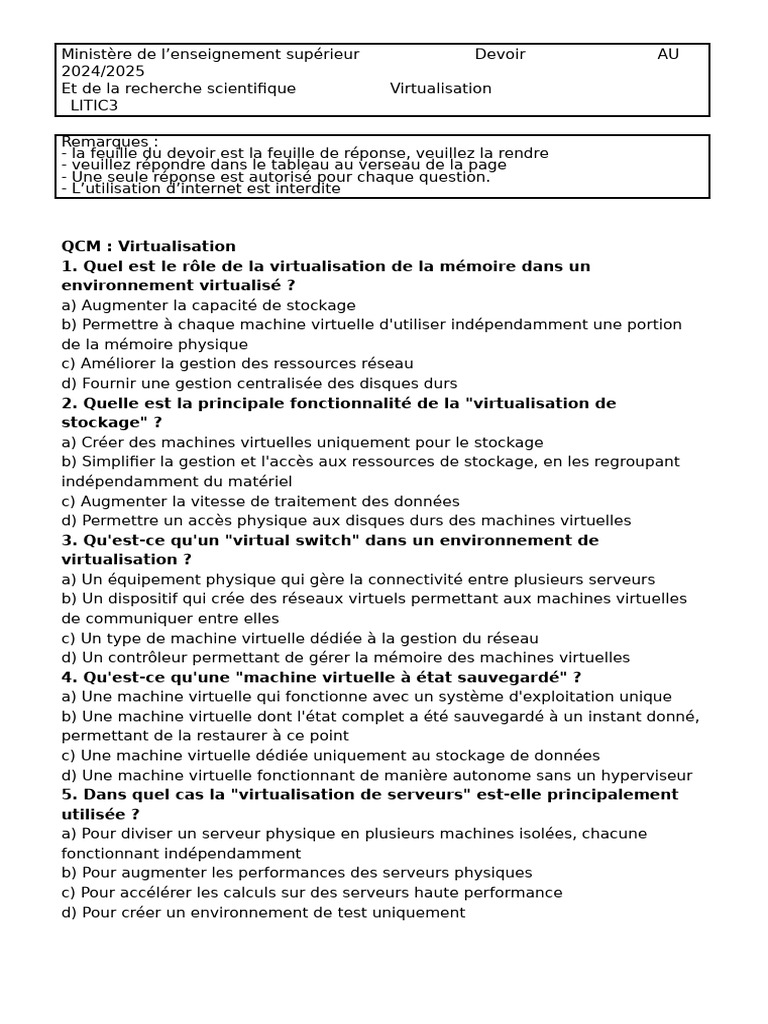 DS Virtualisation Litic3 | PDF | Machine virtuelle | Virtualisation