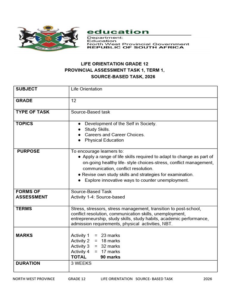 Life Orientation Grade 12 Provincial Assessment Task 1, Term 1, Source ...