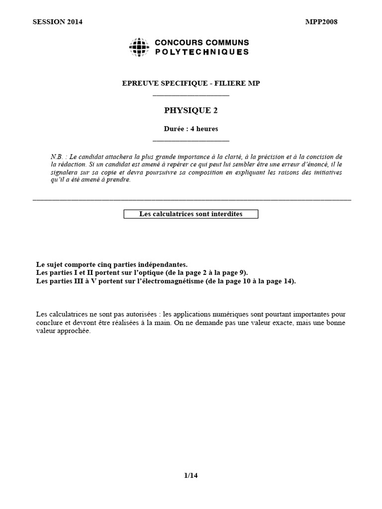 2014 Concours Communs Polytechniques Physique 2 MP Enonce | PDF