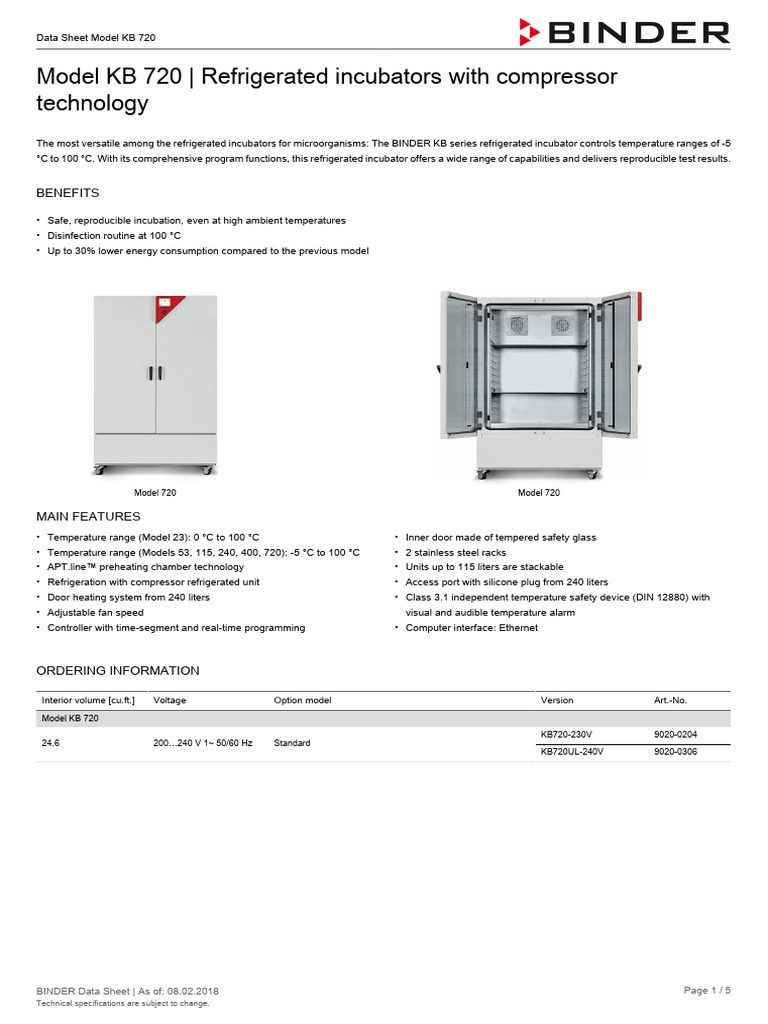 BINDER Refrigerated Incubator Data Sheet - Model KB 720 Us 1518533218 ...