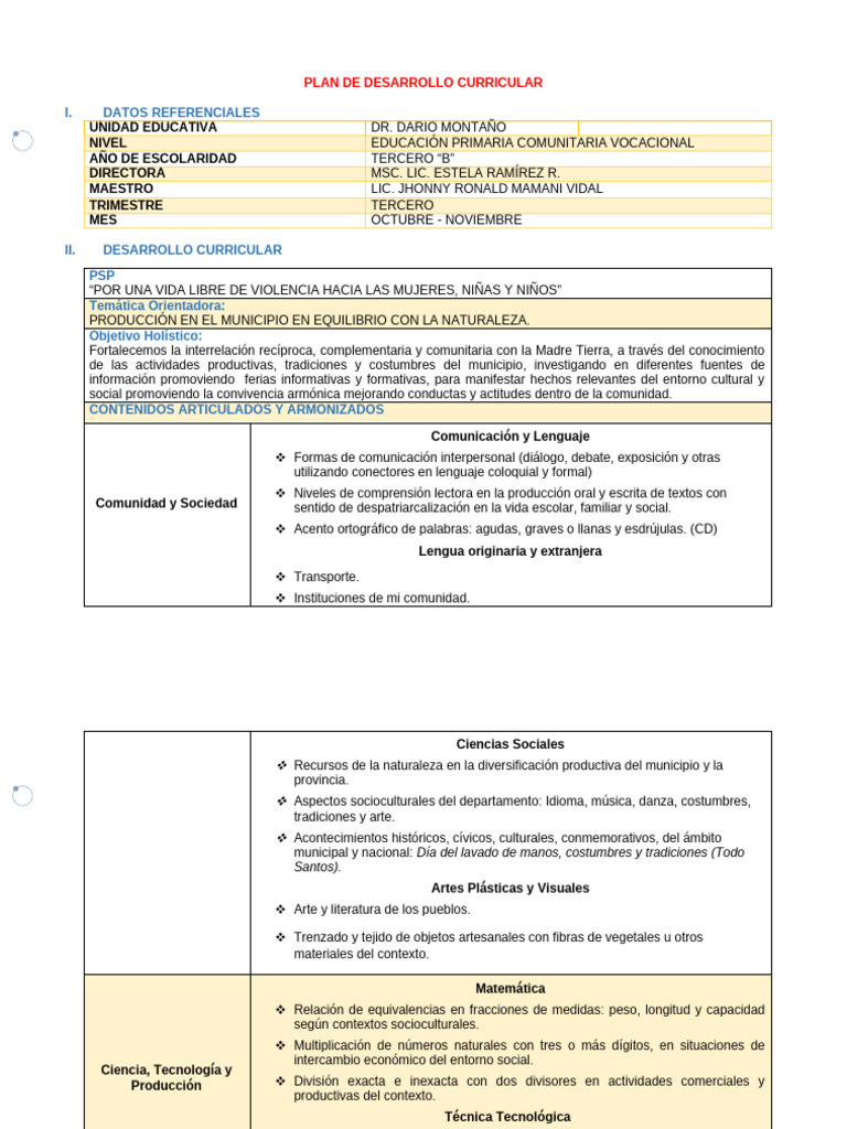 Plan de Desarrollo Curricular Octubre - Noviembre 3° B | PDF ...