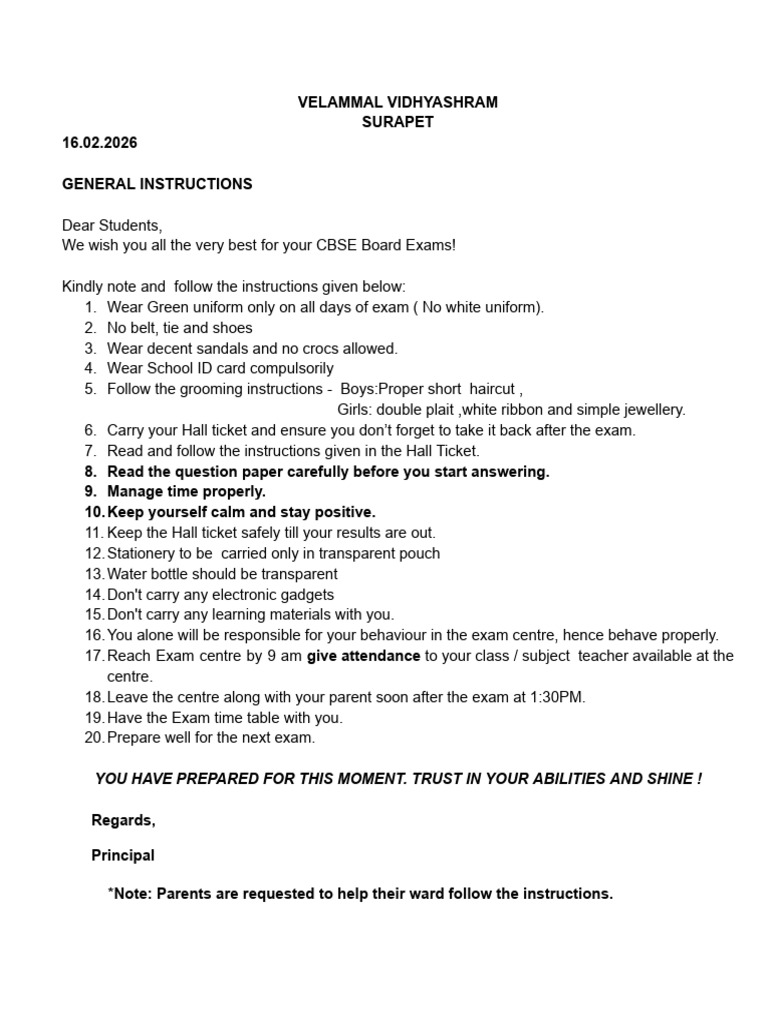 CBSE BOARD EXAMS 2025-26 - Instructions To Students | PDF
