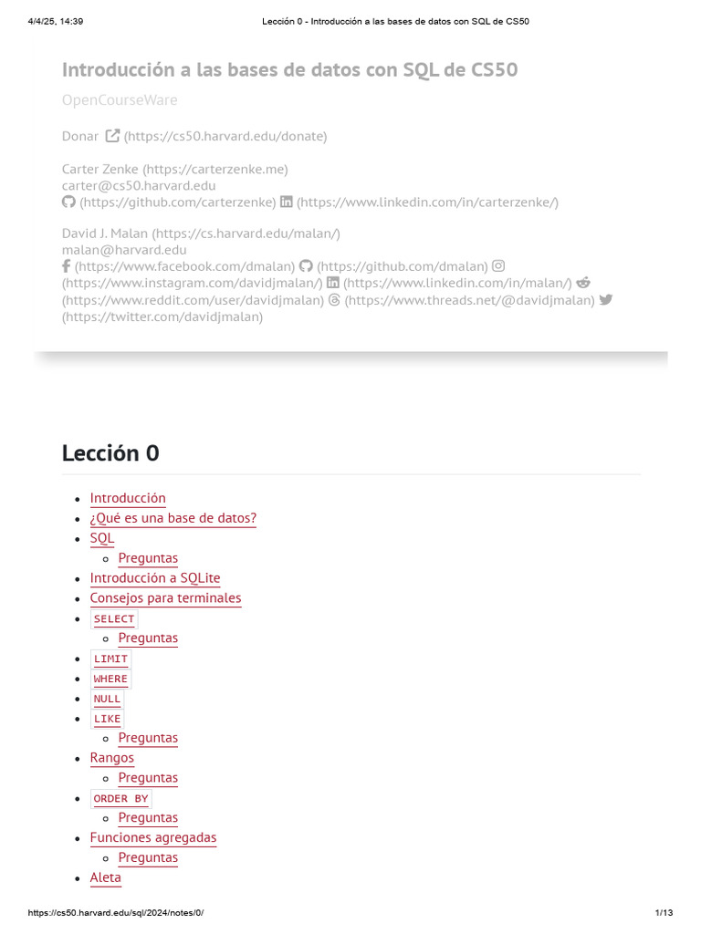 Lección 0 - Introducción A Las Bases de Datos Con SQL de CS50 | PDF ...