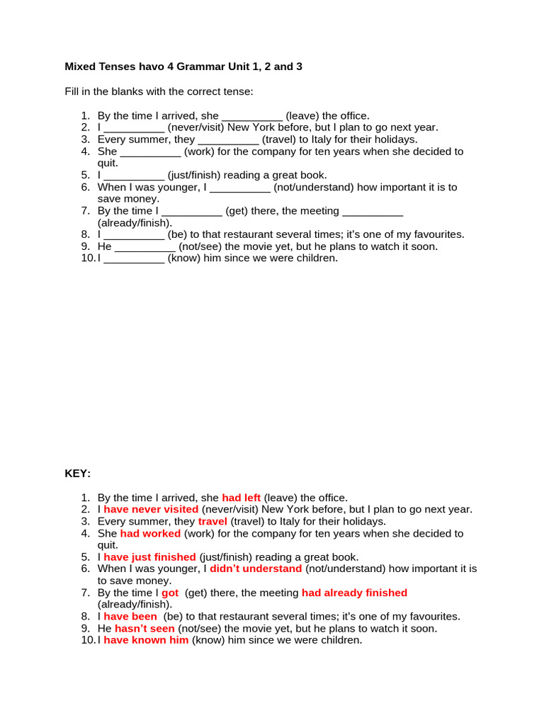 Mixed Tenses Havo 4 Grammar Unit 1 2 3 Assignment and KEY | PDF
