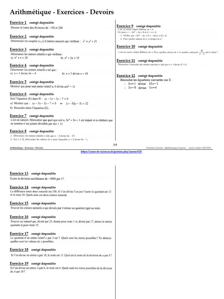 Arithmetique Exercices | PDF | Théorie des nombres | Mathématiques ...