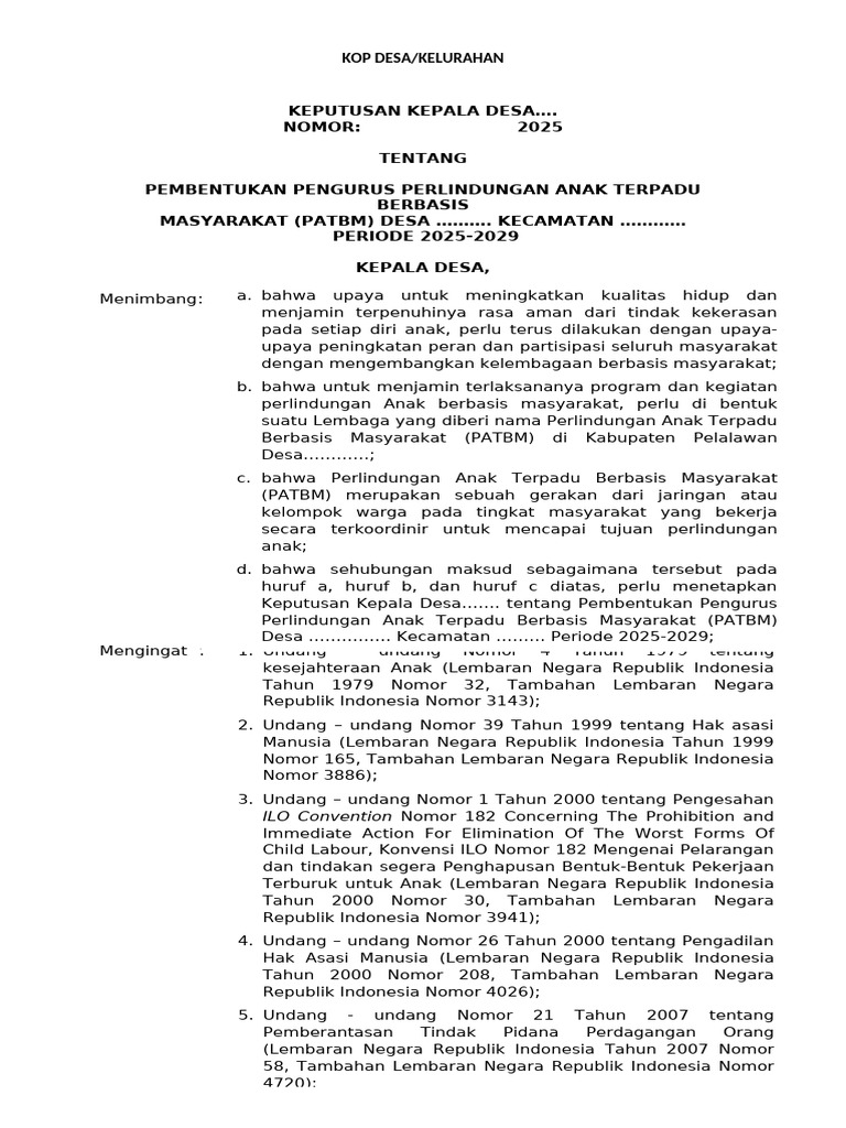 Draft SK Perlindungan Anak Terpadu Berbasis Masyarakat (PATBM) | PDF