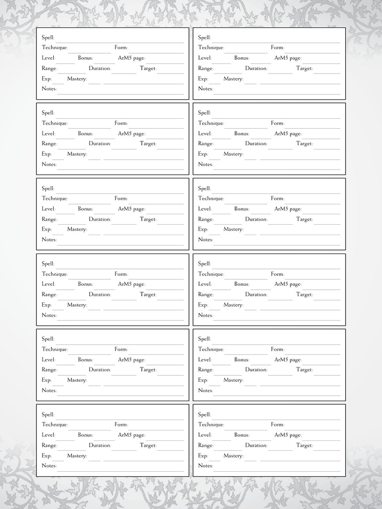 Ars Magica Spell Sheet Form Fillable 4 Sheets | PDF