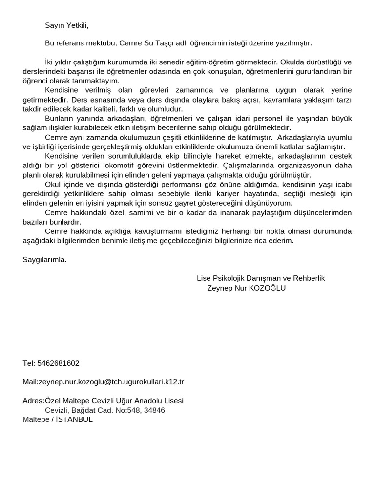 Referans Mektubu Taslağı | PDF