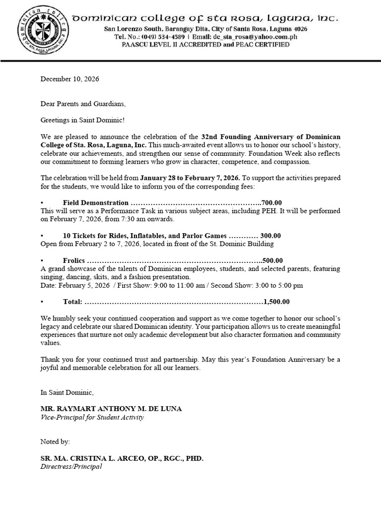 SHS Communication Letter For Foundation Week Fees | PDF