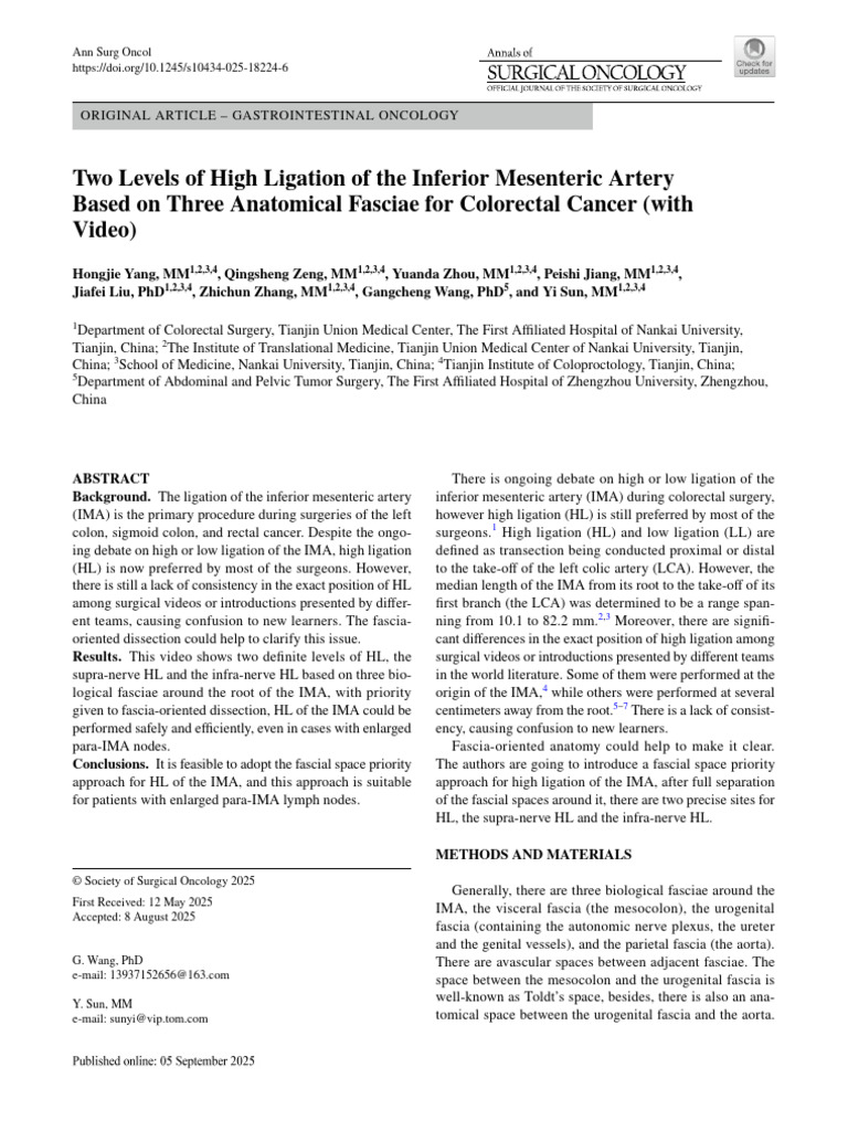 Two Levels of High Ligation of The Inferior Mesenteric Artery Based On ...