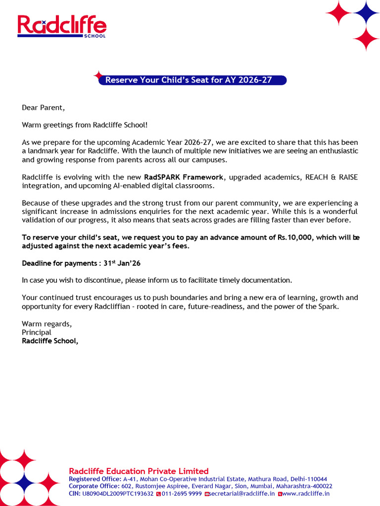 Radcliffe Seat Reservation Circular Grade 1-8 | PDF