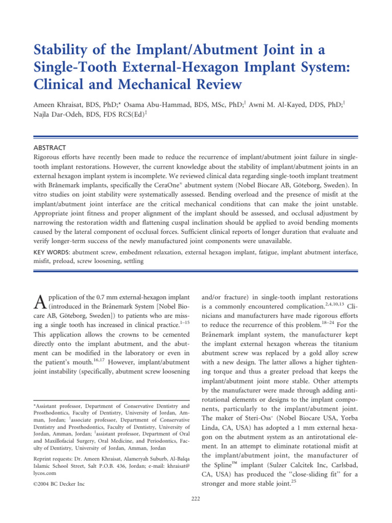 Stability of The Implant Abutment Joint | PDF | Dental Implant ...