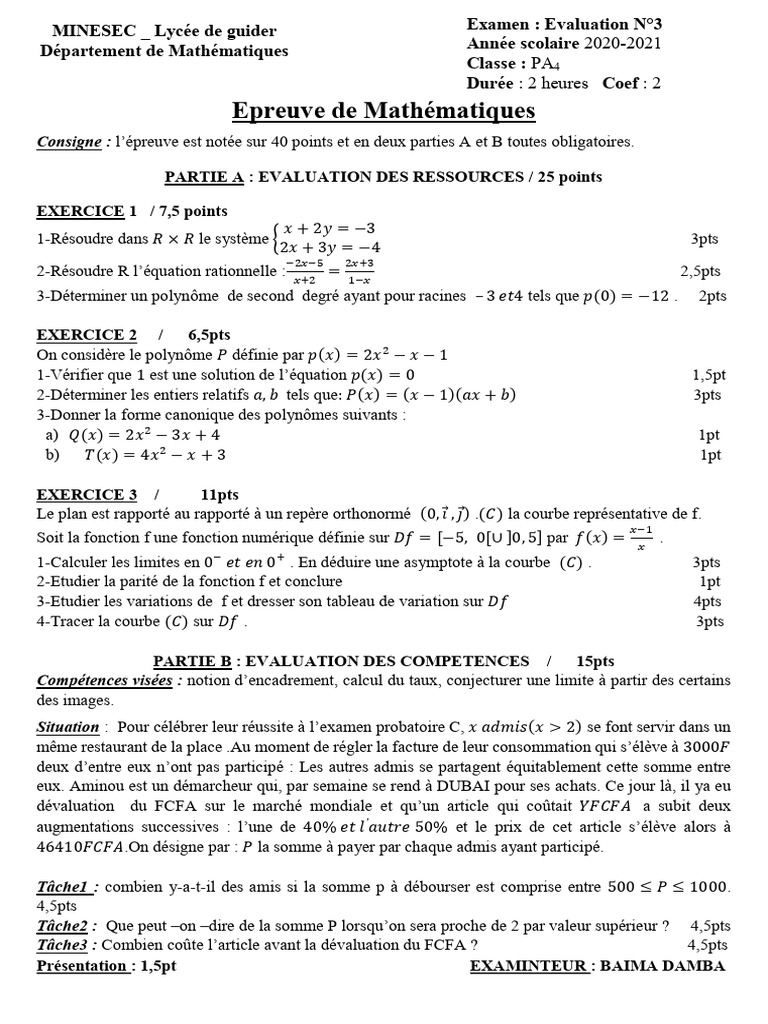 Maths PA LYCEE DE GUIDER | PDF