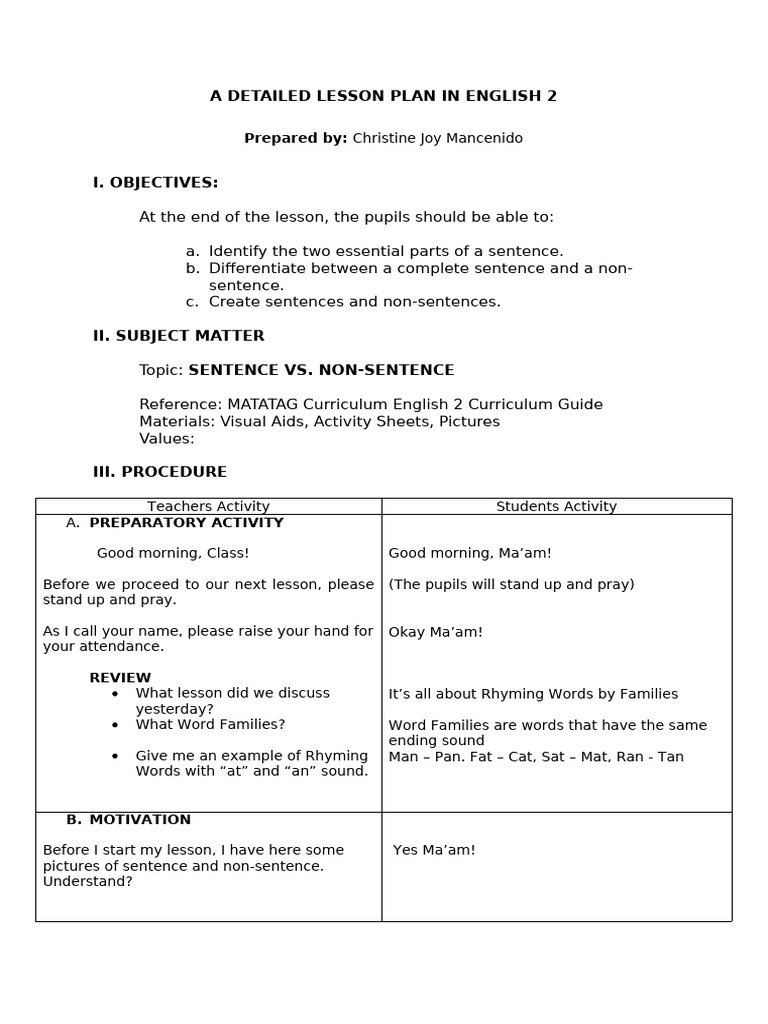 Sentence vs. Non-Sentence Lesson Plan | PDF | Subject (Grammar ...