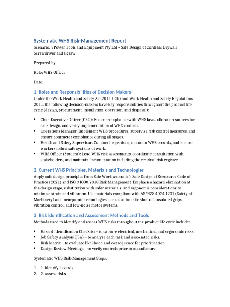 Verified PartA WHS Risk Management Report Template | PDF | Occupational ...