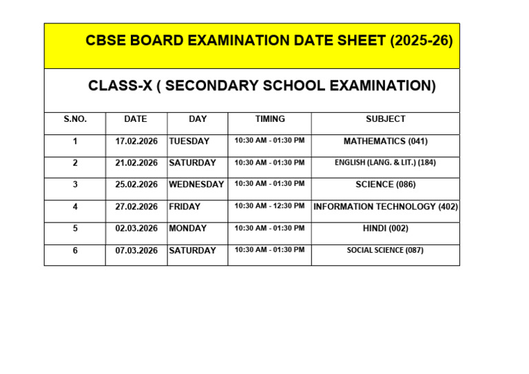 Board Datesheet Class X 2026 | PDF