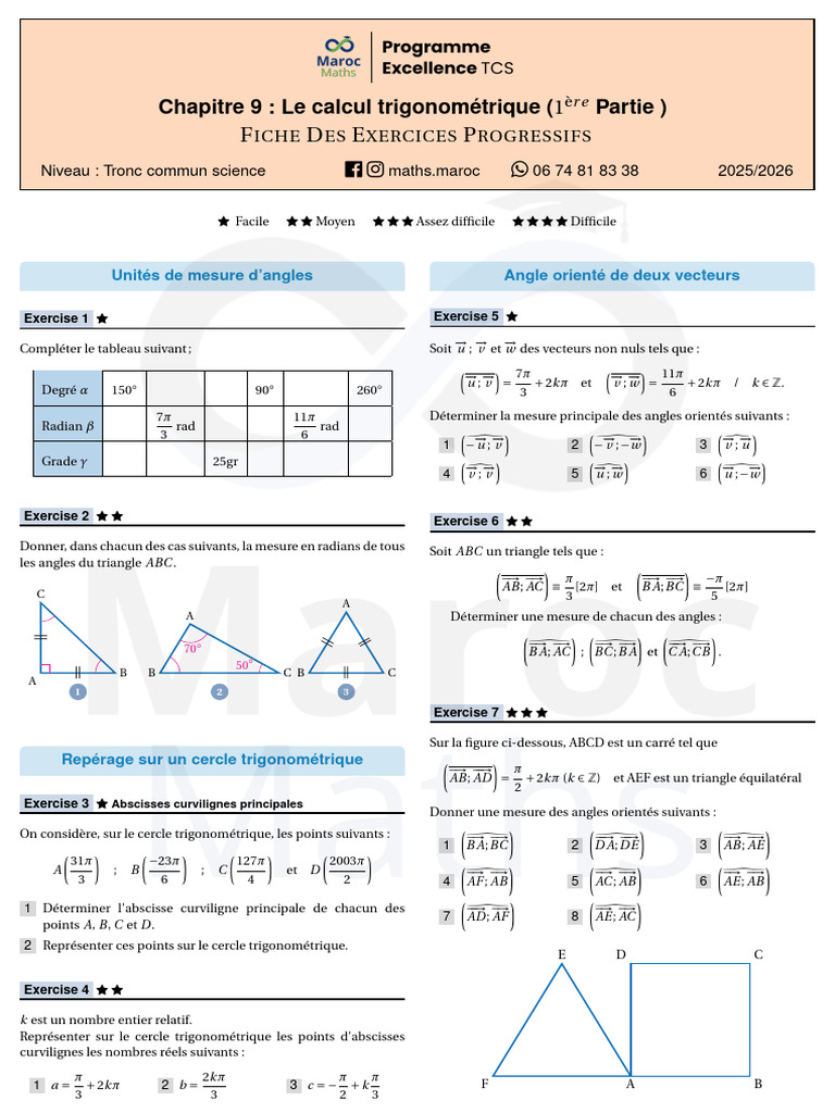 TCSF - CH9 - Trigonométrie (Partie 1) - Exos - Progressifs | PDF ...