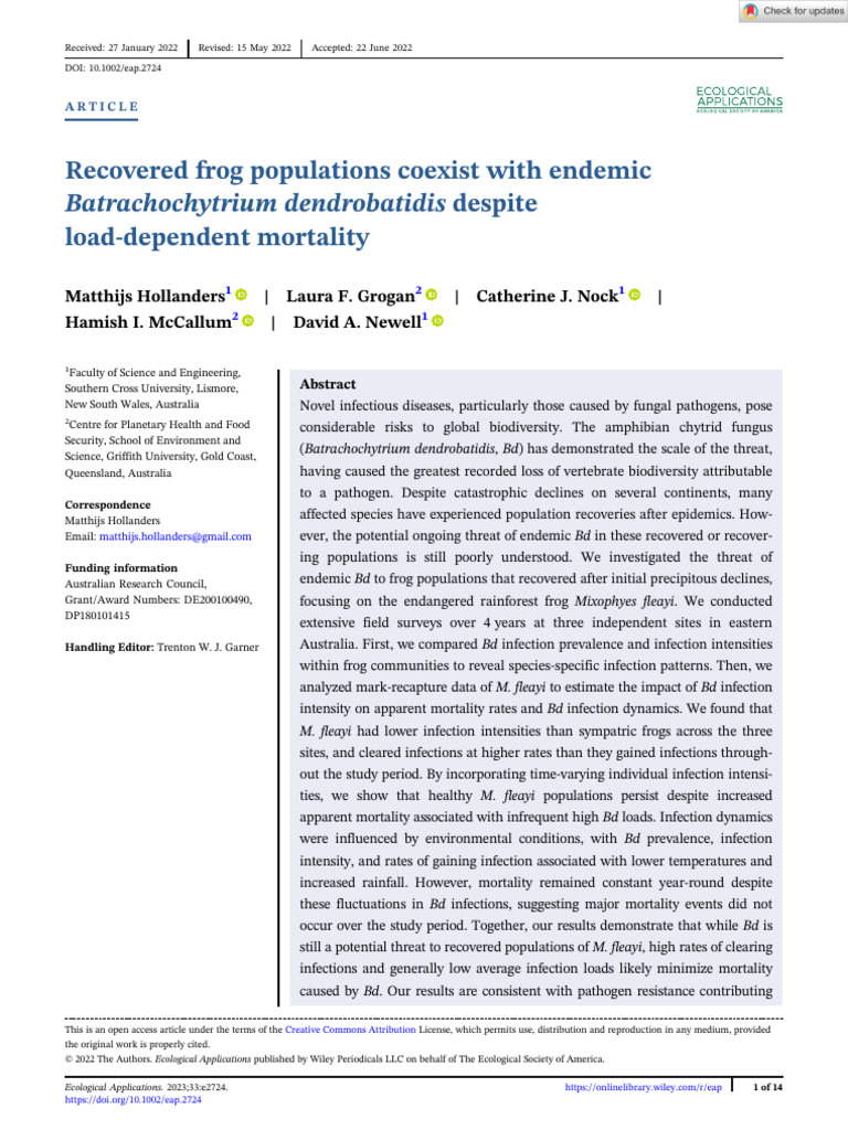 Ecological Applications - 2022 - Hollanders - Recovered Frog ...