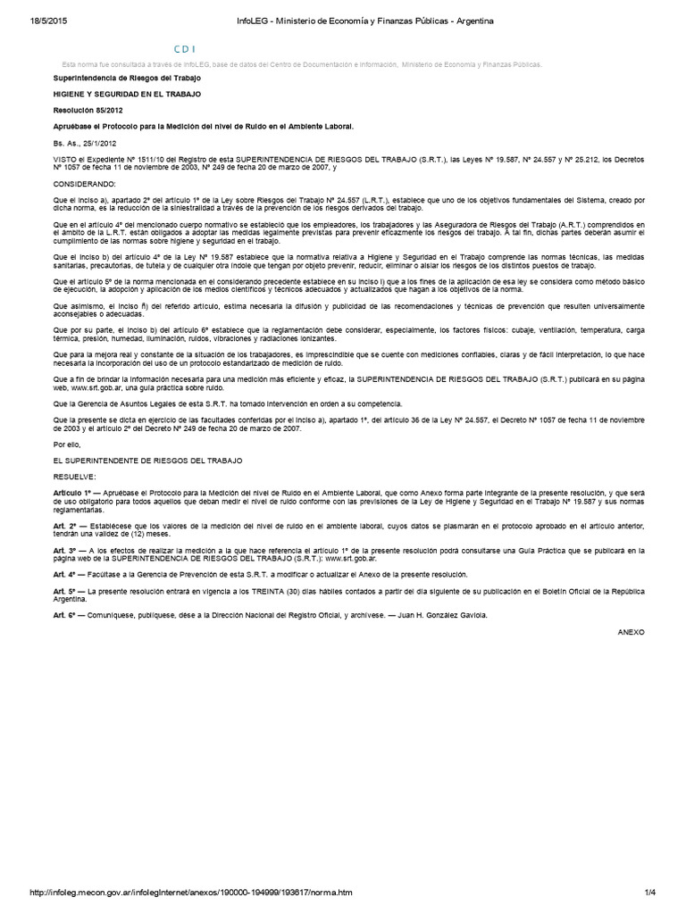 Protocolo Ruido Resol 85-12 | PDF | Seguridad y salud ocupacional | ruido