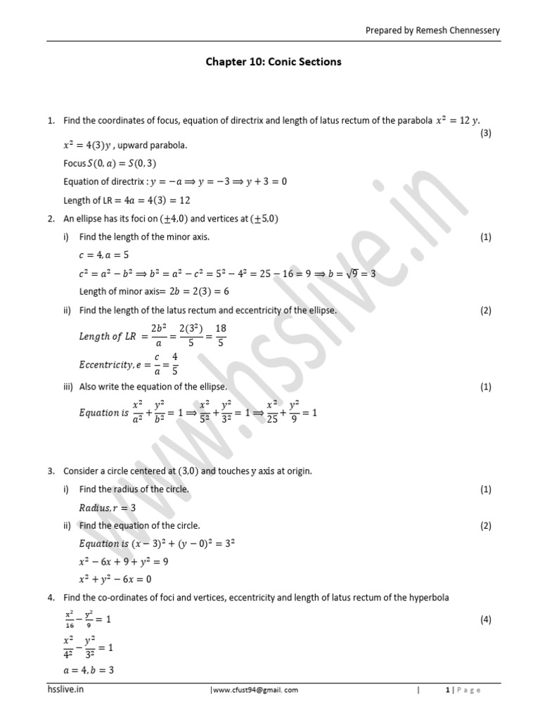 Hsslive Xi CH 10 Conic Section Answer Key | PDF | Ellipse ...