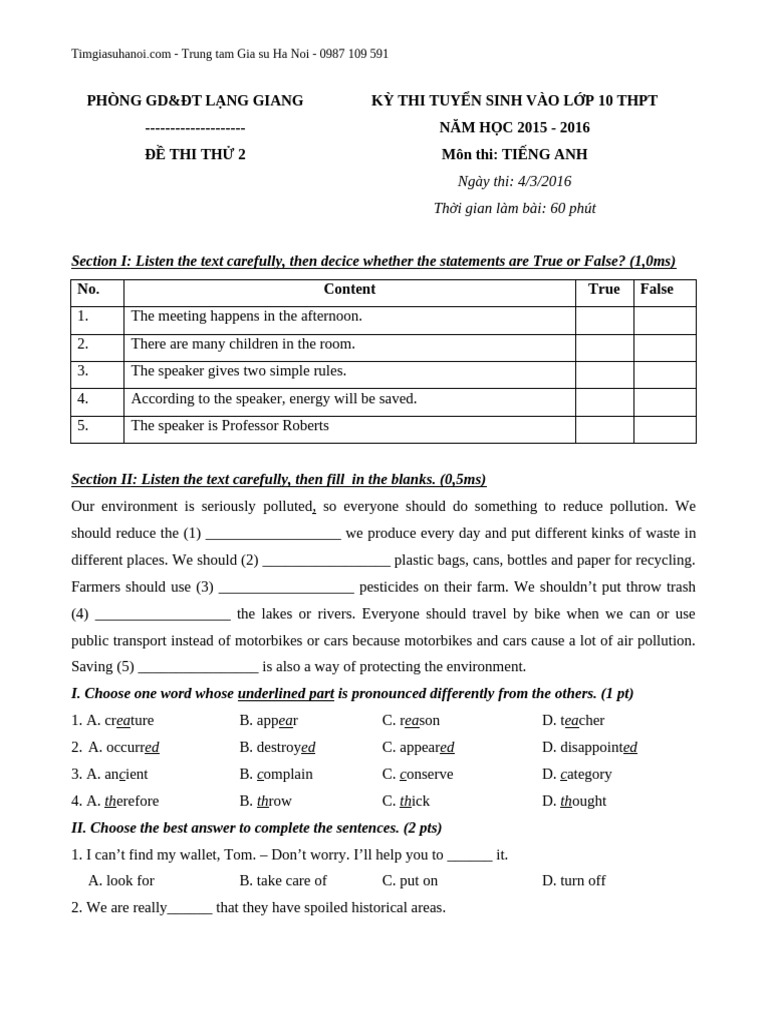 De Thi Thu Tuyen Sinh Vao Lop 10 Mon Tieng Anh Huyen Lang Giang Bac ...