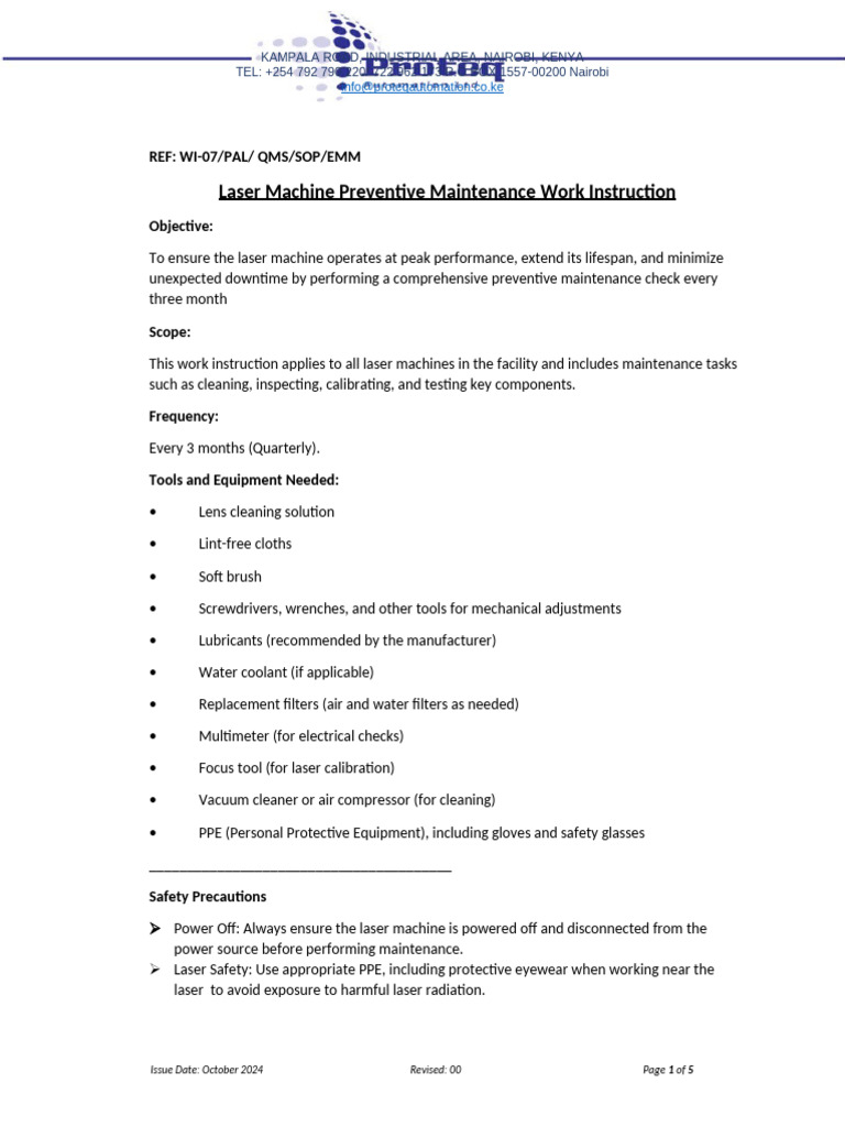 Laser Machine Preventive Maintenance Work Intruction | PDF | Laser ...