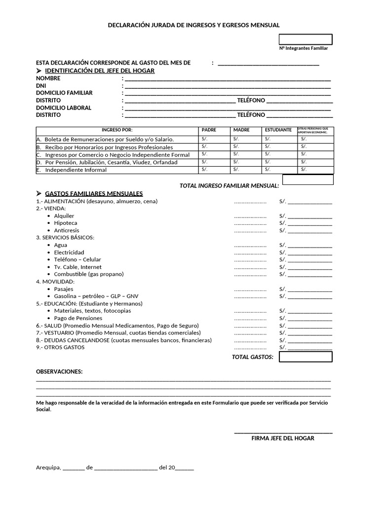 Declaración Jurada de Ingresos y Egresos Mensual | PDF