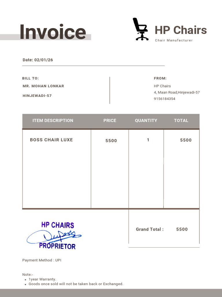 HP Chairs - Invoice 1026 | PDF