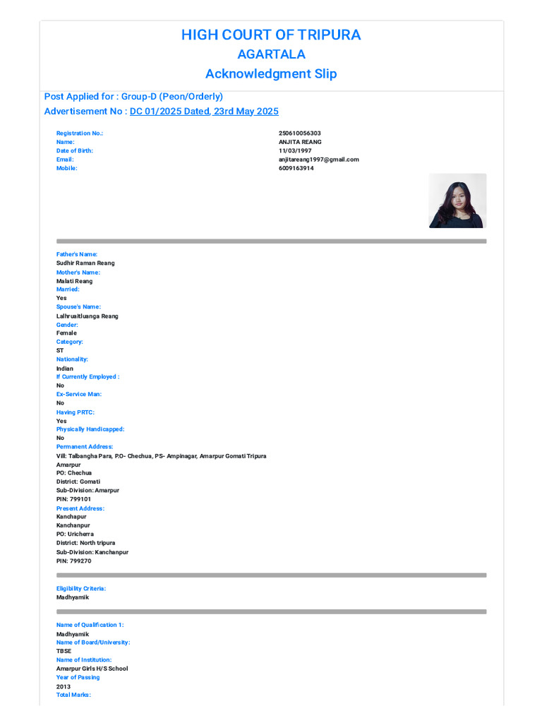 High Court of Tripura - Application Acknowledgment | PDF