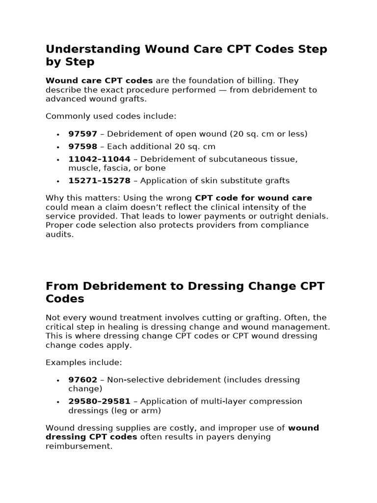 Understanding Wound Care CPT Codes Step | PDF | Wound | Medical Specialties